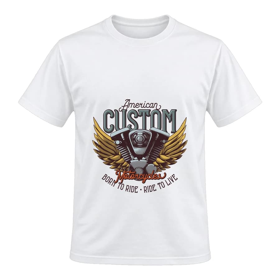 T-shirt — Moto custom · Deux roues — Devant — Blanc